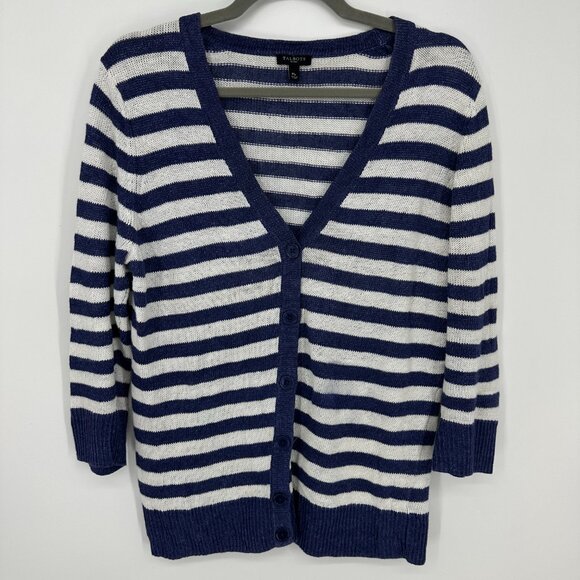 Talbots Striped Linen Cardigan Sweater MP V Neck Summer Lightweight Blue White - Picture 1 of 7